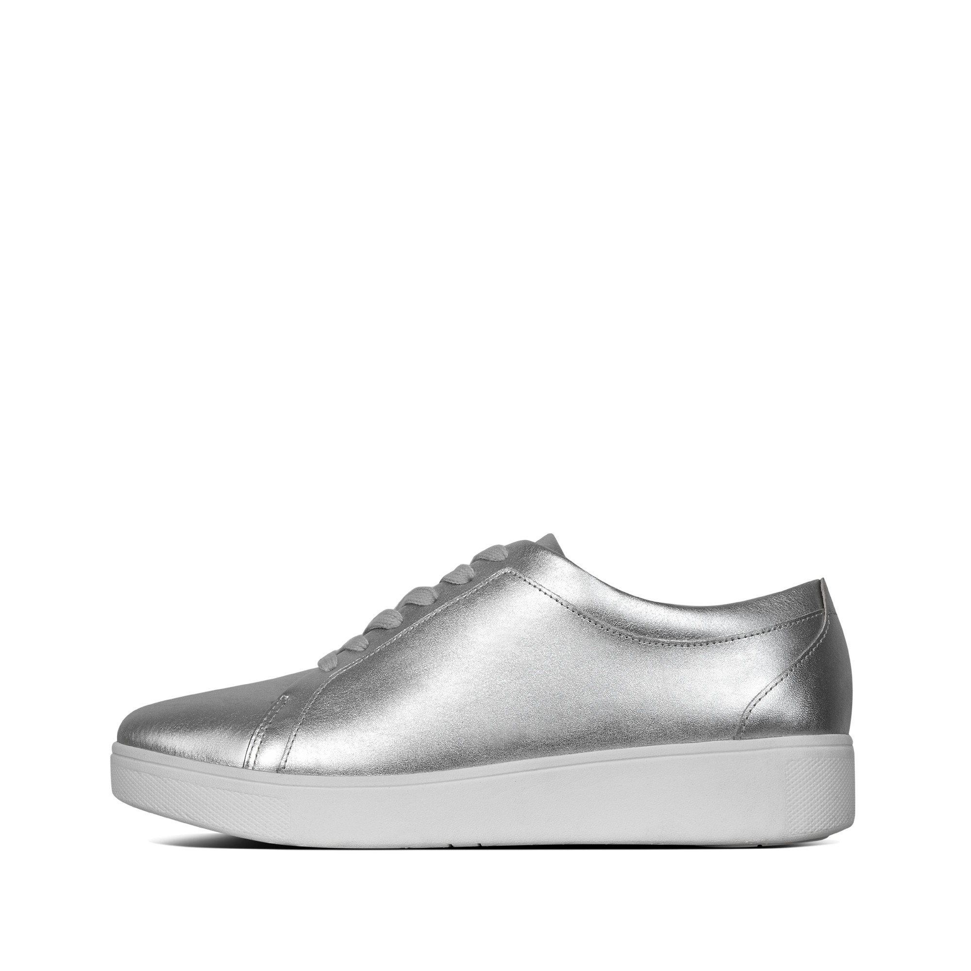 Silver leather trainers with a sleek design, featuring a rounded toe, lace-up front, and a white rubber sole for added comfort and style.