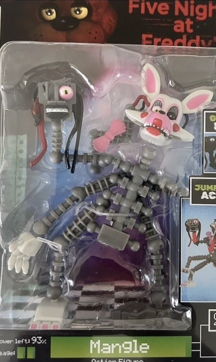 Mangle action figure features a mix of gray, white, and pink colors, with articulated limbs, a robotic design, and a cartoonish face with large ears and a pink nose, packaged in a clear box.
