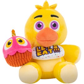 Chica the chicken plush toy, 20cm tall, features bright yellow fur, large purple eyes, an orange beak, and holds a pink cupcake with big eyes, wearing a "LET'S EAT!!!" bib.
