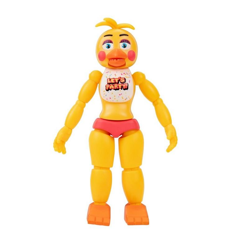 Chica action figure features a bright yellow body, pink cheeks, and a "Let's Party" shirt, with movable limbs and orange feet, made from durable plastic.