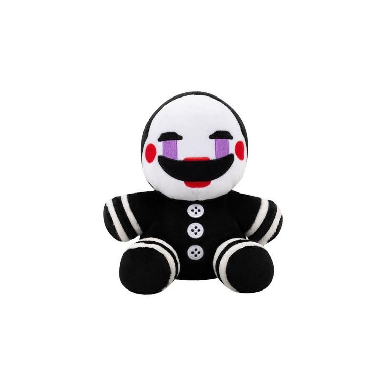Soft toy of the Five Nights at Freddy's Puppet, featuring a round head with a white face, black body, red cheeks, and striped arms, measuring 20cm and made of plush material.