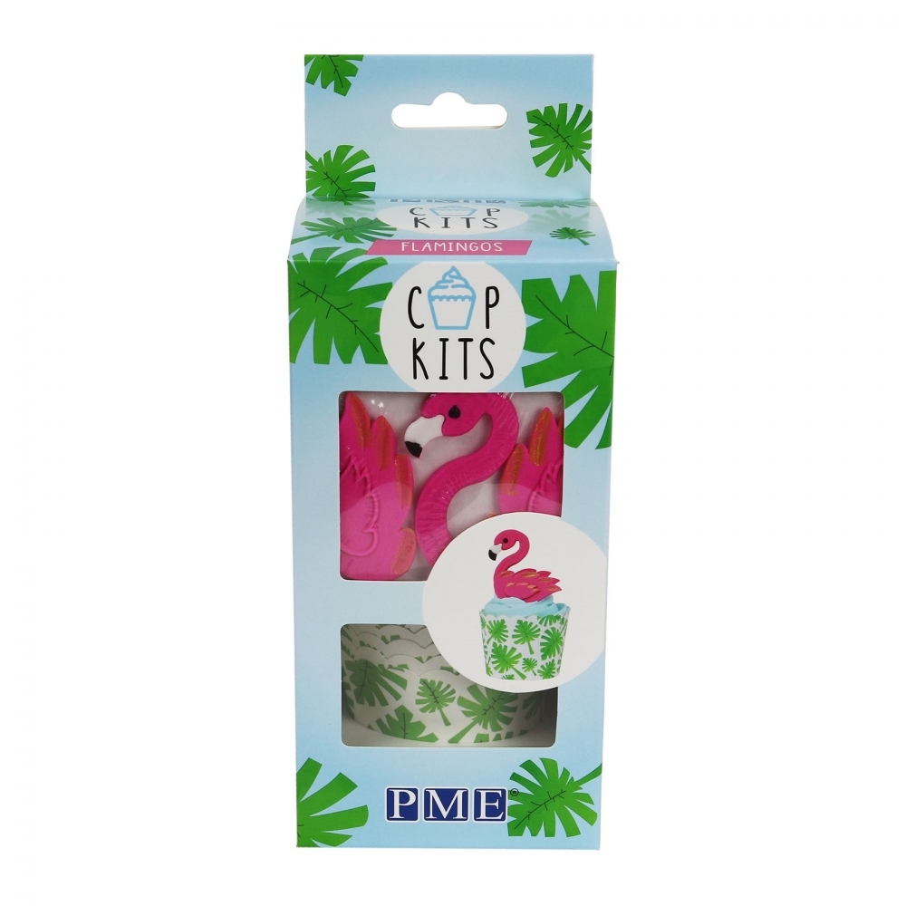 Bright pink flamingo cupcake toppers and green tropical leaf-patterned wrappers in a decorative blue box with a clear front.