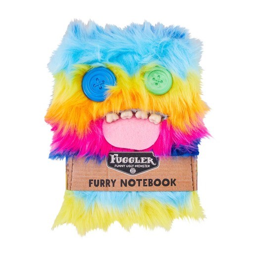 Colorful furry notebook with bright rainbow fur, featuring blue and green buttons for eyes and a pink tongue, packaged with a cardboard label from Fuggler.