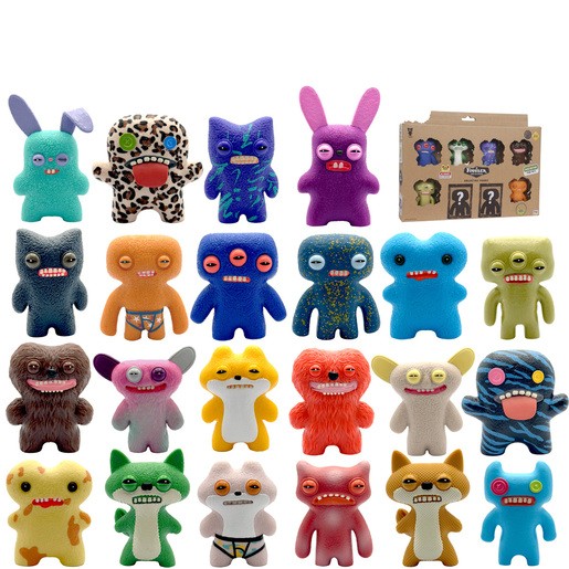 A collection of eight colorful, quirky plush figures in various styles, featuring unique facial expressions, textures, and accessories like bunny ears and swim trunks.