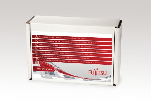 Fujitsu 3576-500K Consumable Kit box, featuring a white exterior with red and gray accents, displaying product details and specifications on the front.
