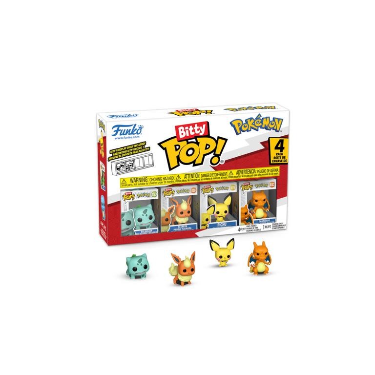 Four colorful vinyl figures from Funko's Bitty Pop series, featuring Bulbasaur, Pikachu, Charmander, and Eevee, displayed in a branded box with a clear front.