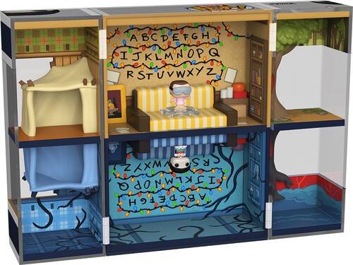 Colorful collectible box featuring the Byers house from Stranger Things, with mini-figures of Eleven in goggles and Upside Down Will, showcasing detailed interiors and iconic decor.