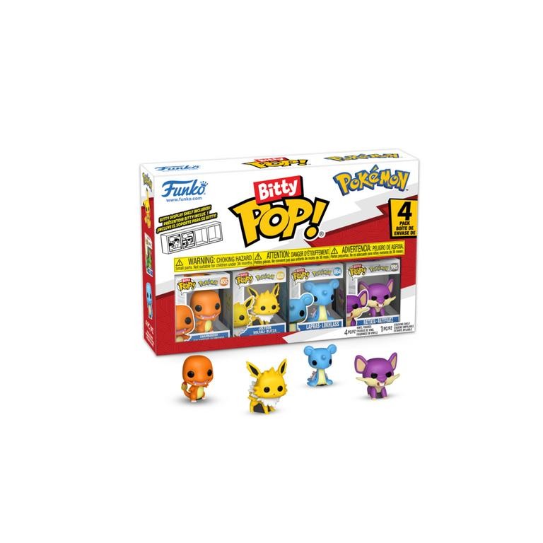Four small vinyl figures from Funko's Bitty Pop series, featuring colorful Pokémon: Charmander (orange), Jolteon (yellow), Marill (blue), and Rattata (purple), in a branded box.