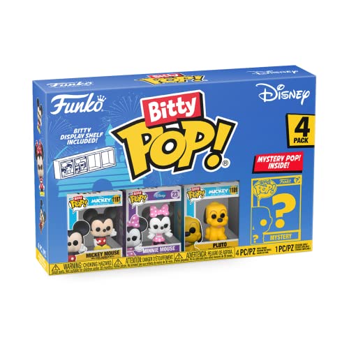 Four mini vinyl figures in a colorful box featuring Mickey Mouse, Minnie Mouse, and Pluto, with a mystery figure included, showcasing vibrant colors and playful designs.