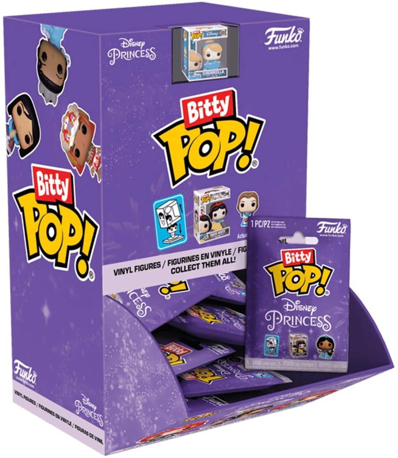 Colorful purple display box featuring multiple Funko Bitty Pop! Disney Princess mystery vinyl figures, with a variety of character designs and a "Collect Them All!" slogan.