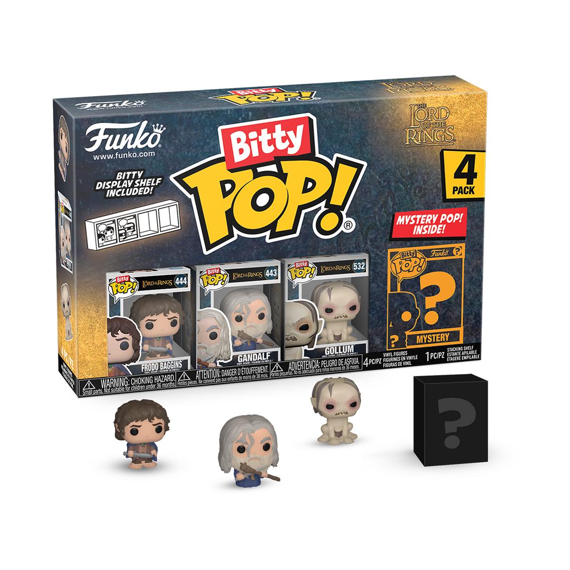 Four mini vinyl figures from "Lord of the Rings" in a colorful box, featuring Frodo, Gandalf, Gollum, and a mystery figure, with a display shelf included.