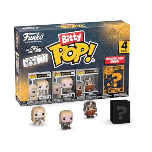 Four collectible vinyl figures from "Lord of the Rings," featuring Galadriel, Legolas, Gimli, and a mystery character, in a colorful box with a display shelf included.