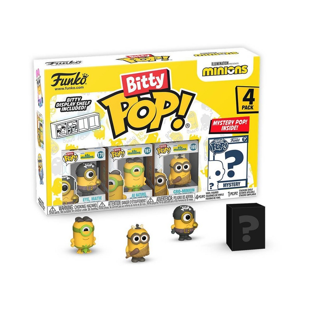 Four mini vinyl figures of Minions in a colorful box, featuring yellow and green characters, with a mystery figure included, all set against a bright yellow background.