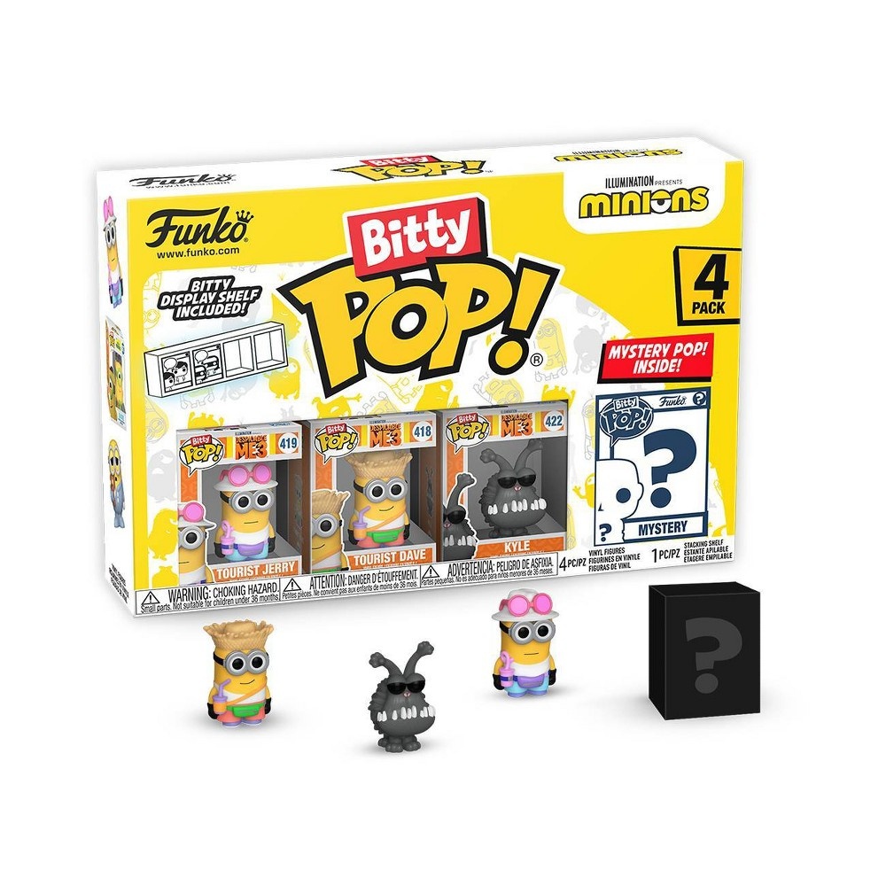 Four mini vinyl figures from Funko's Bitty Pop! series, featuring colorful Minions in tourist outfits, with a mystery figure in a black box included.