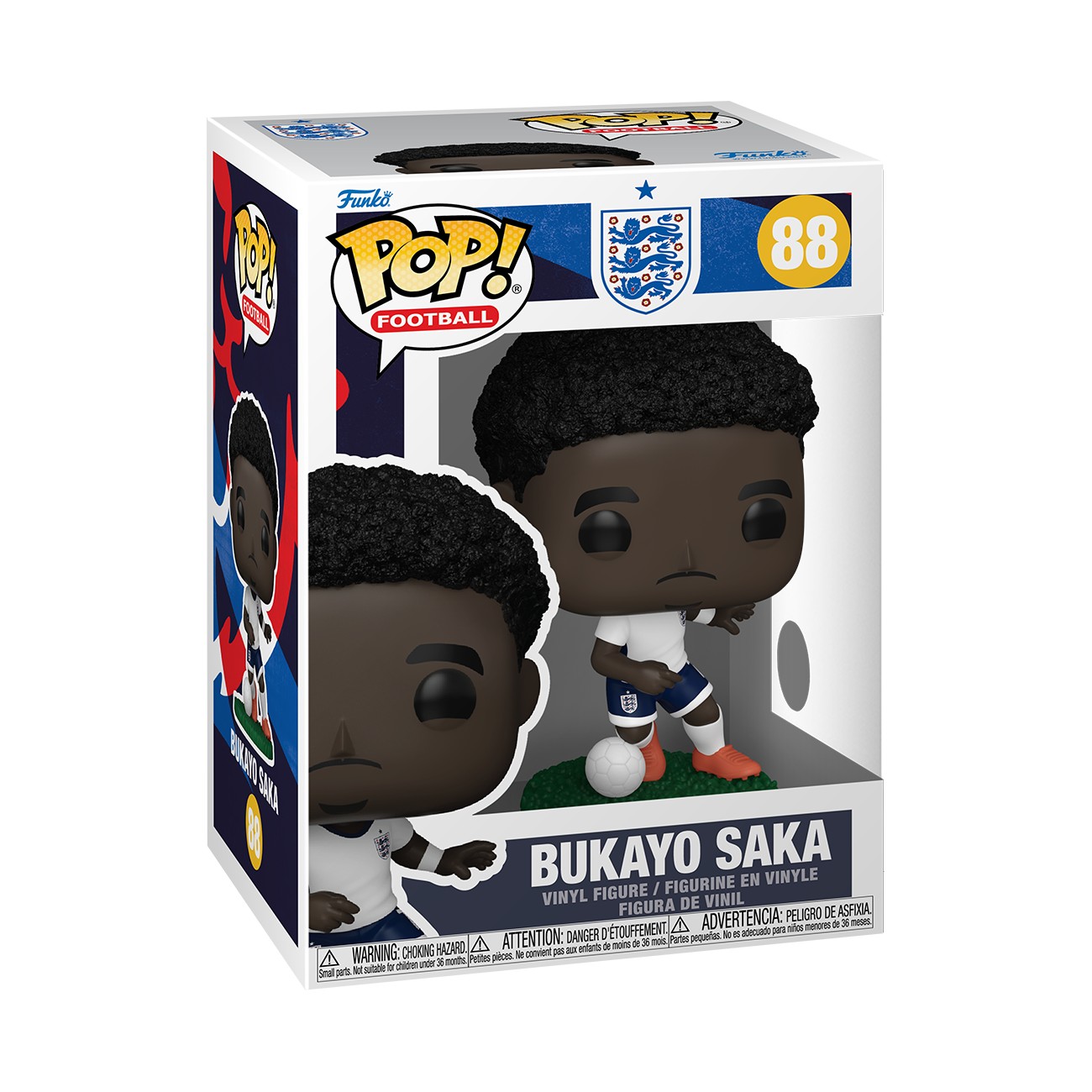A Funko POP vinyl figure of Bukayo Saka, featuring dark skin, wearing an England football kit with white and blue colors, standing on a green base inside a branded box.