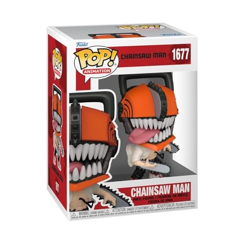 Collectible Funko Pop! figure of Chainsaw Man, featuring an orange chainsaw head, sharp teeth, and a character holding a chainsaw, presented in a colorful box with a clear front.