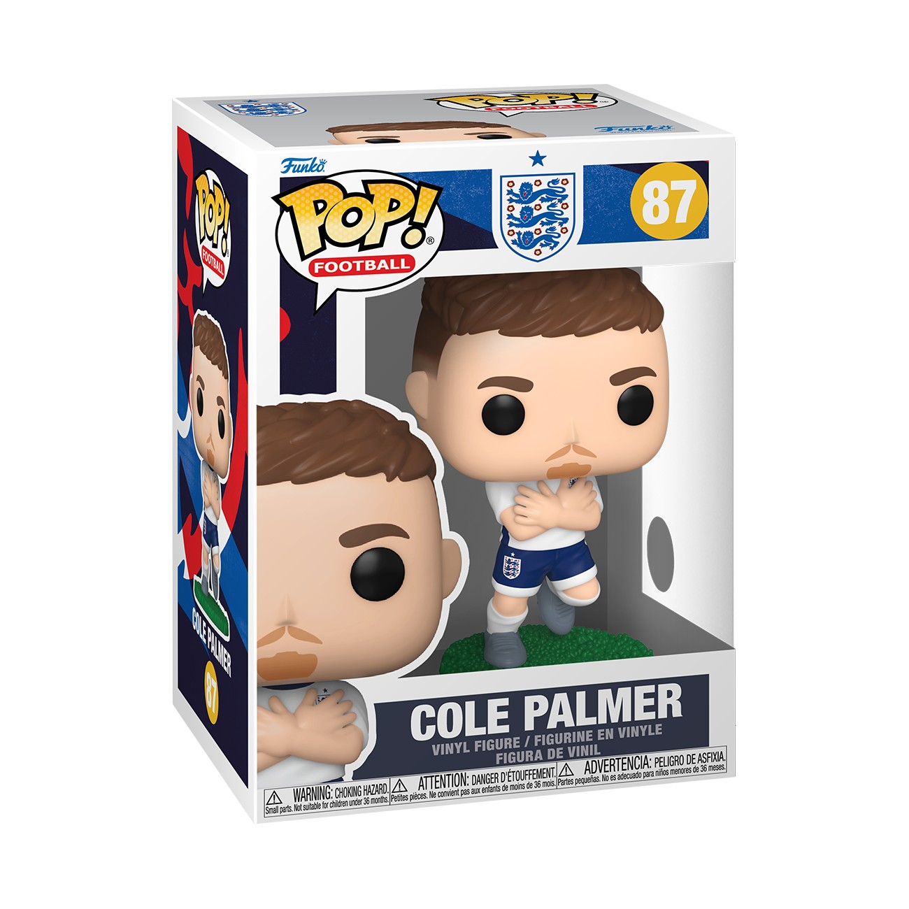 Cole Palmer Funko POP! vinyl figure, featuring a stylized character in an England football kit, with brown hair and a soccer pose, displayed in a colorful box with team graphics.