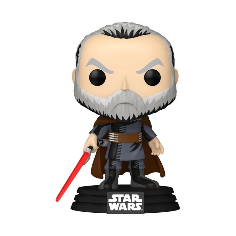 Count Dooku Funko POP! figure features a detailed gray-haired character with a red lightsaber, wearing a brown cape and dark attire, standing on a black Star Wars base.