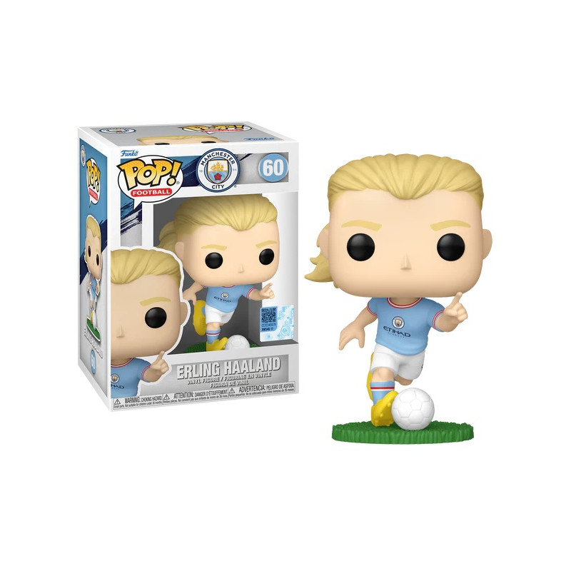 Erling Haaland Funko Pop! figurine in Manchester City FC kit, featuring a light blue jersey, blond hair, and a soccer ball on a green base, with a colorful box design.