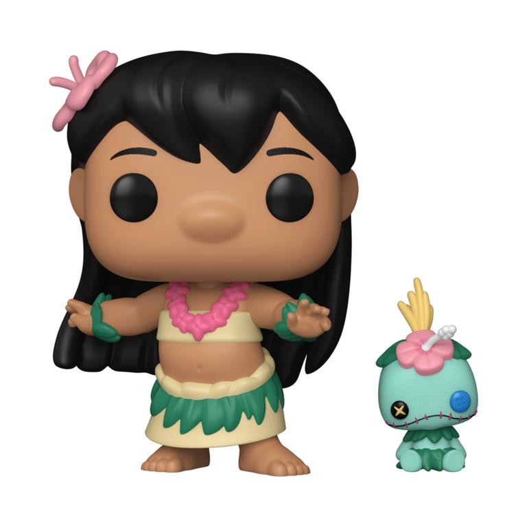 Hula Lilo wears a grass skirt and flower lei, has long black hair, and is accompanied by a small, colorful Scrump doll with stitched features.