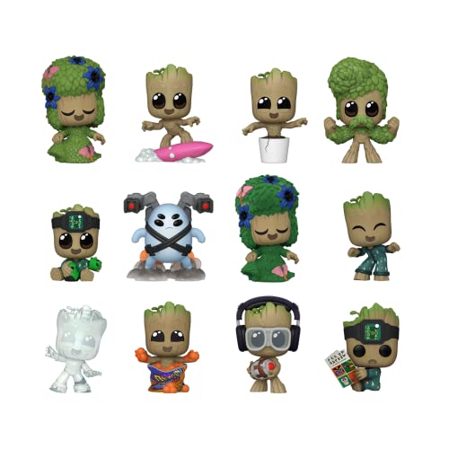 Various Funko Pop! I Am Groot Mystery Minis figures in vibrant colors, featuring Groot in different styles like surfing, in a pot, and with headphones, all made of vinyl.