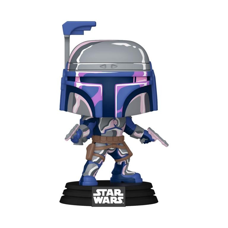 Jango Fett Retro Vinyl Figure features a shiny silver helmet, blue armor with purple accents, and dual blasters, standing on a black base with "Star Wars" logo.