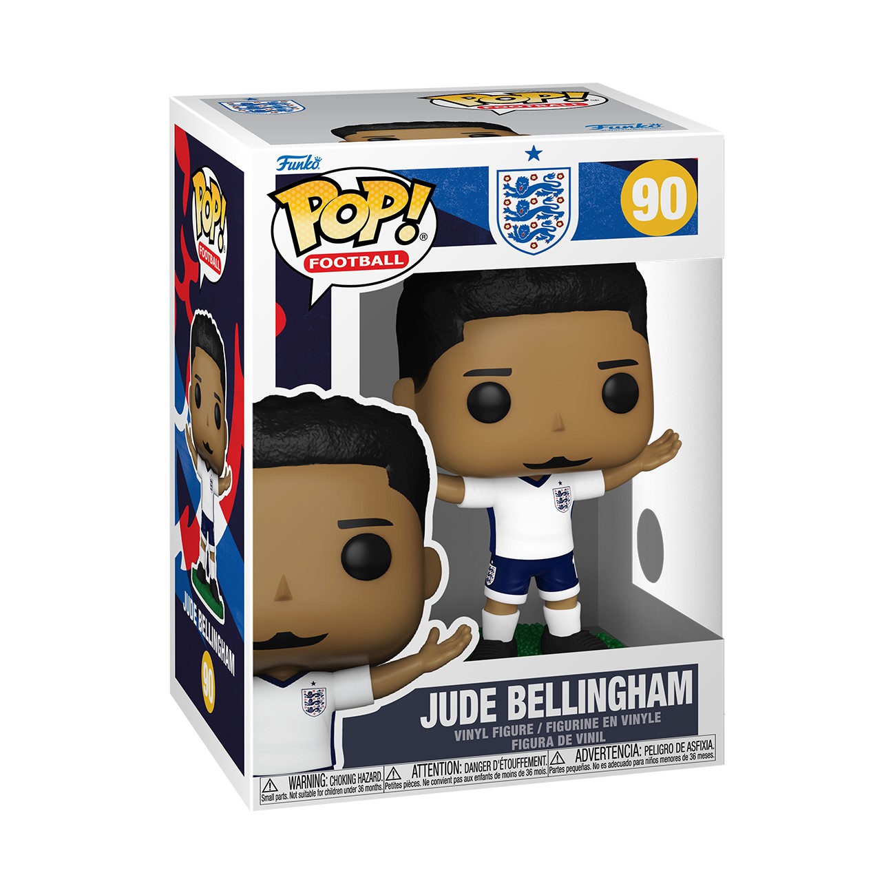 Jude Bellingham Funko POP vinyl figure in an England football kit, featuring a white jersey with blue accents, black hair, and a playful expression, displayed in a colorful box.