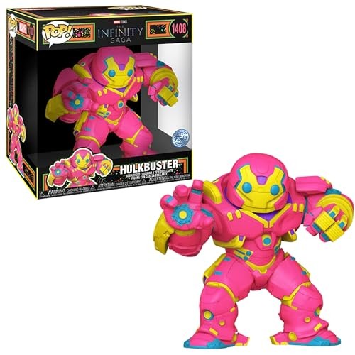 Bright pink and yellow vinyl figure of Hulkbuster, featuring large armored fists and a detailed chest emblem, stands 24cm tall, packaged in a colorful box labeled "Infinity Saga."