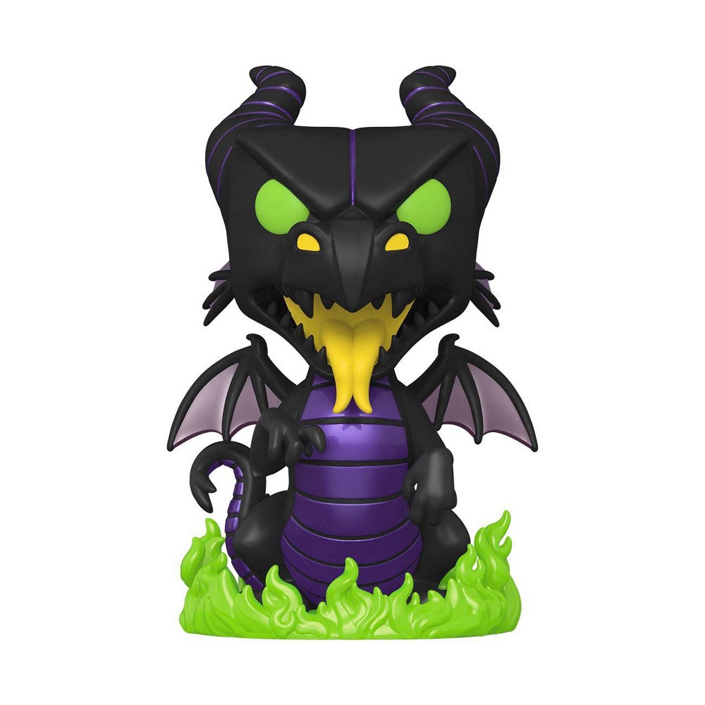Maleficent as a dragon Funko Pop! vinyl figure, featuring black and purple scales, green eyes, and bat-like wings, standing on a base of green flames.