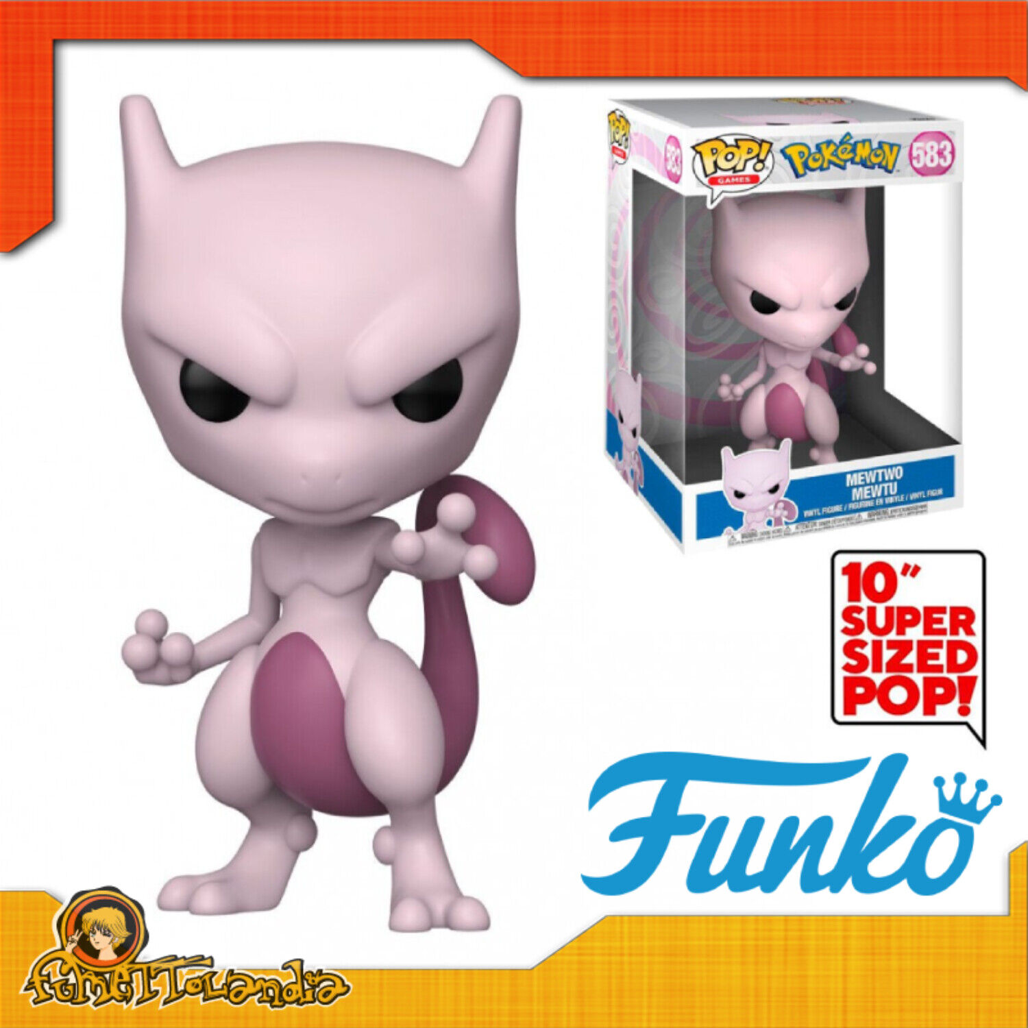 Jumbo Mewtwo vinyl figure stands 26cm tall, featuring a light purple body, darker purple tail and accents, large head with pointed ears, and a determined expression, packaged in a Funko box.