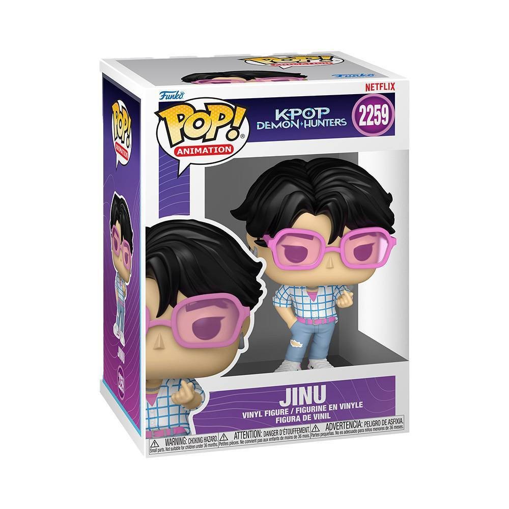 Collectible vinyl figure of Jinu from K-POP Demon Hunters, featuring black hair, pink glasses, and a checkered shirt, packaged in a colorful Funko POP! box.