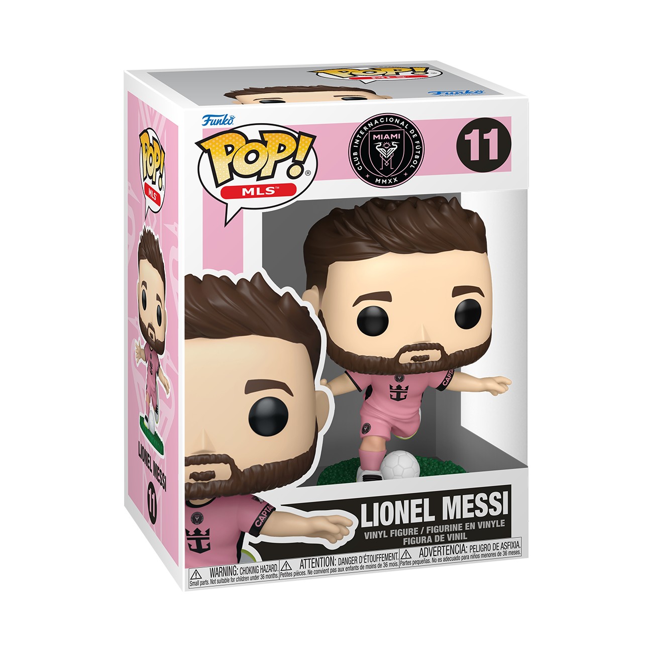 Lionel Messi Funko POP! figure in a pink Inter Miami CF kit, featuring a large head, small body, and detailed facial features, standing on a green base inside a colorful box.