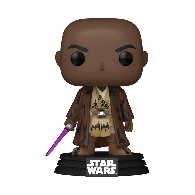 Mace Windu Funko POP! figure features a brown robe with a patterned design, a purple lightsaber, and a black base with the Star Wars logo, showcasing a stylized, oversized head.