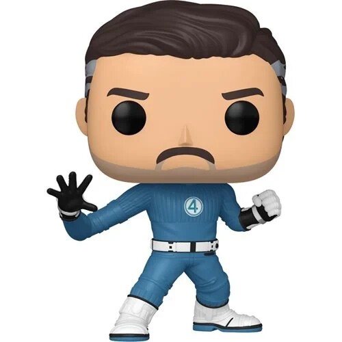 Mister Fantastic collectible figure in a blue jumpsuit with the number 4 logo, black eyes, and a determined expression, featuring white shoes and a dynamic pose.