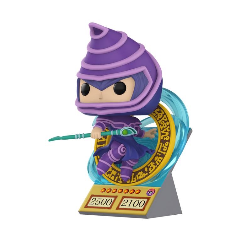 Premium vinyl figure of Dark Magician from Yu-Gi-Oh!, featuring a purple robe, pointed hat, and a magical staff, displayed on a circular base with card stats.