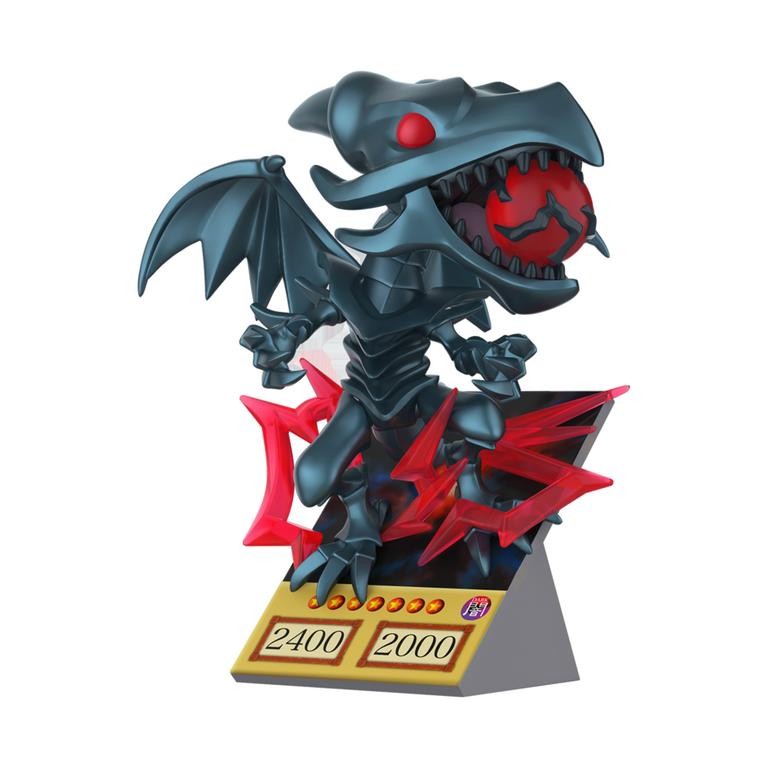 Premium vinyl figure of Red Eyes Black Dragon from Yu-Gi-Oh!, featuring a black dragon with red eyes, holding a red sphere, and standing on a card base displaying stats.
