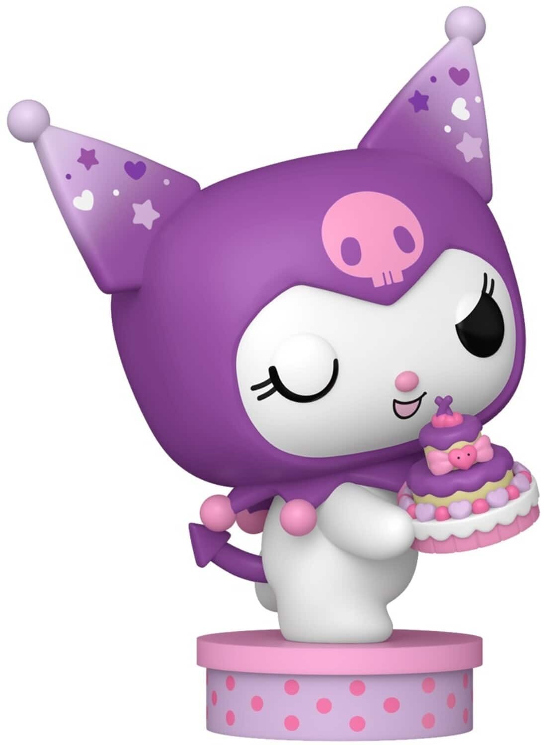 Cute Kuromi figure in purple and white, wearing a hood with a pink skull, holding a pink and white cake, standing on a round pink base with star patterns.