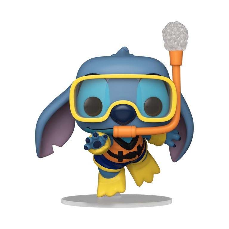 Vinyl figure of Stitch from Disney's Lilo and Stitch, featuring blue skin, large yellow snorkel goggles, a snorkel, and a bright orange life vest, posed on a white base.