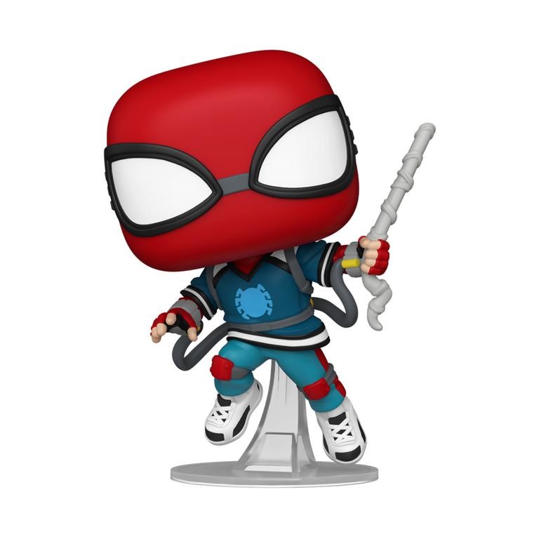Collectible Funko POP! figure of Spider-Man in a homemade suit, featuring a red head, large white eyes, blue and red outfit, and a web-shooter, mounted on a clear base.