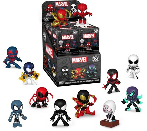Colorful assortment of vinyl Spider-Man Mystery Minis figures in various styles, featuring iconic suits like black, red, and white, displayed in a box with Marvel branding.