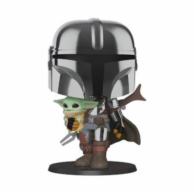 Collectible vinyl figure featuring a Mandalorian in silver armor holding a small green character, with a black base and detailed accessories.