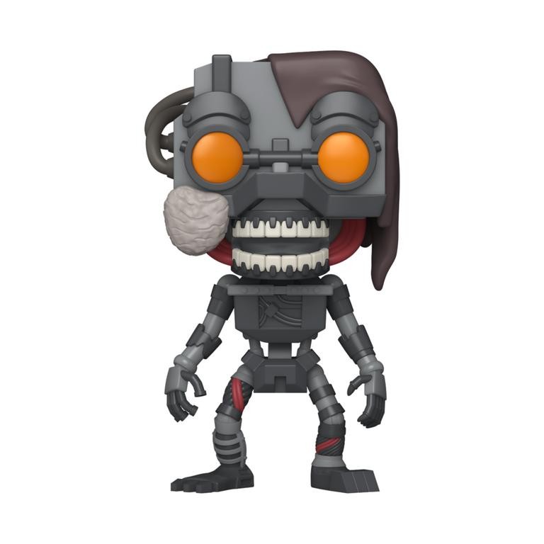 The Funko Pop! Mimic figure features a metallic gray body, orange eyes, a robotic design, and a prominent red and black hairstyle with a brain accessory on the side.