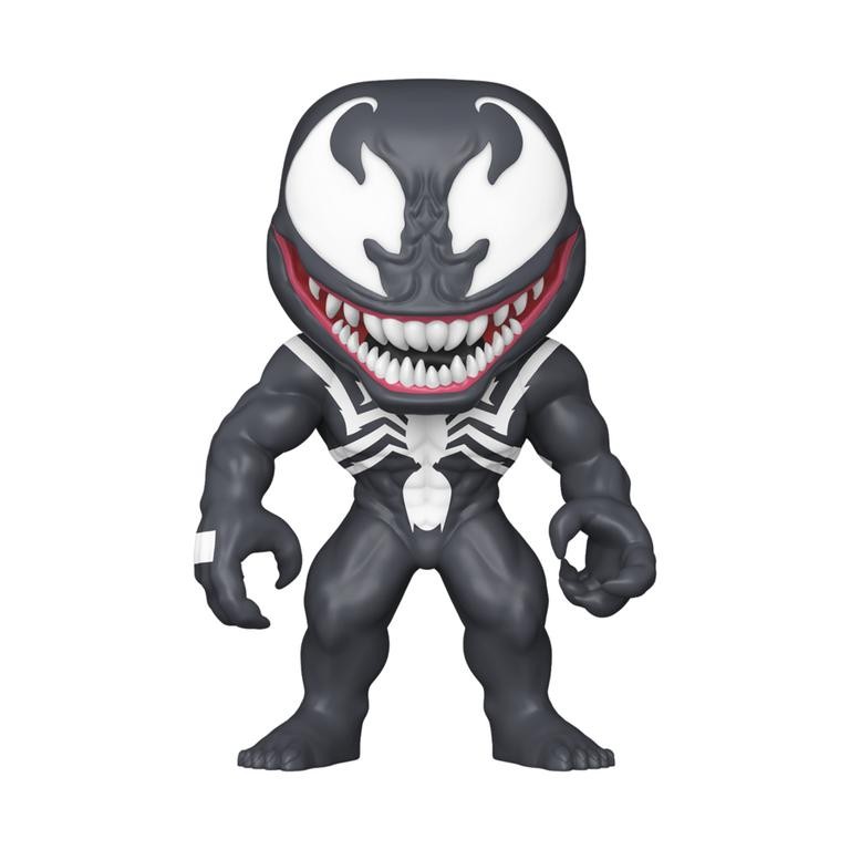 Venom vinyl figure features a glossy black body, white spider emblem, and large, menacing grin with sharp teeth, standing on a flat base.