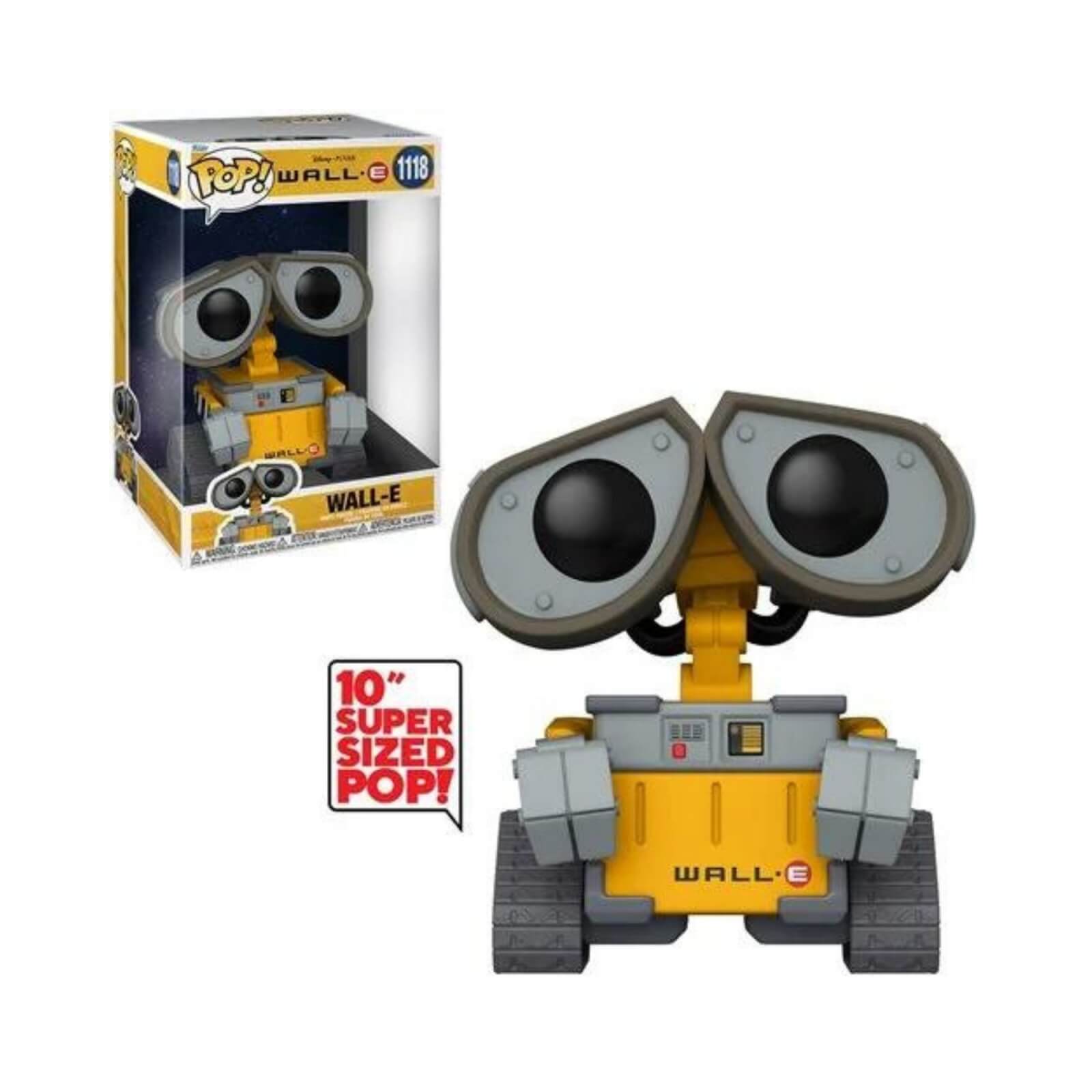 WALL-E Jumbo 33cm vinyl figure features a yellow body, large expressive eyes, and tracks for movement, packaged in a colorful Funko Pop! box with a clear front.