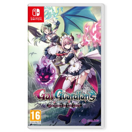 Cover art for "Gal Guardians: Servants of the Dark" features two female characters in dark outfits with wings, vibrant colors, and a shadowy creature, with the title prominently displayed.