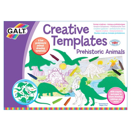 Colorful craft set featuring green prehistoric animal templates, crayon drawings, and a variety of colorful crayons, all set against a white background.