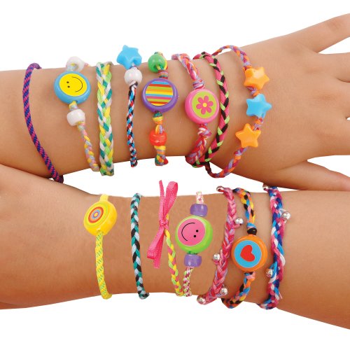 Colorful friendship bracelets featuring braided cords, cheerful beads, and playful charms like stars, smiley faces, and hearts, displayed on multiple wrists.