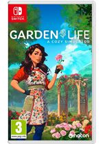 Cover art for "Garden Life: a Cozy Simulator" featuring a young woman in an apron holding a flower, with a vibrant garden backdrop and colorful text.