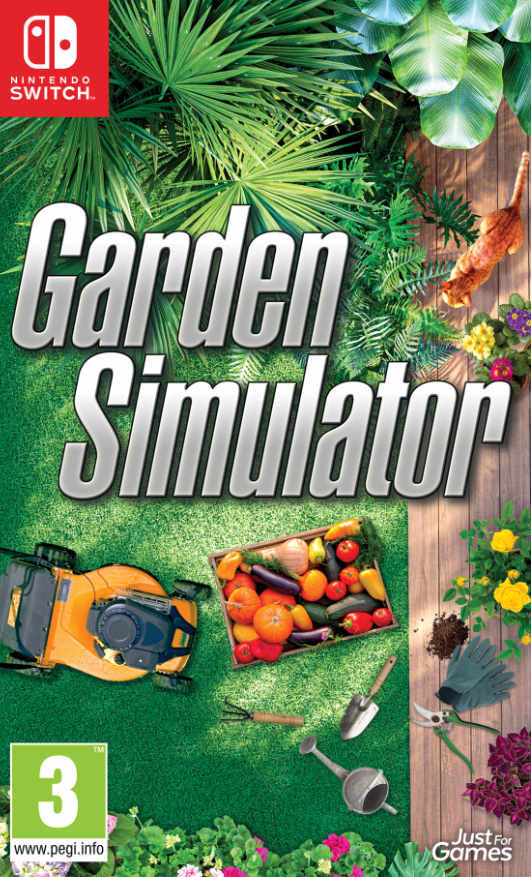 Colorful game cover featuring "Garden Simulator" title, a green lawn background, a lawnmower, fruits, gardening tools, and lush foliage, designed for Nintendo Switch.