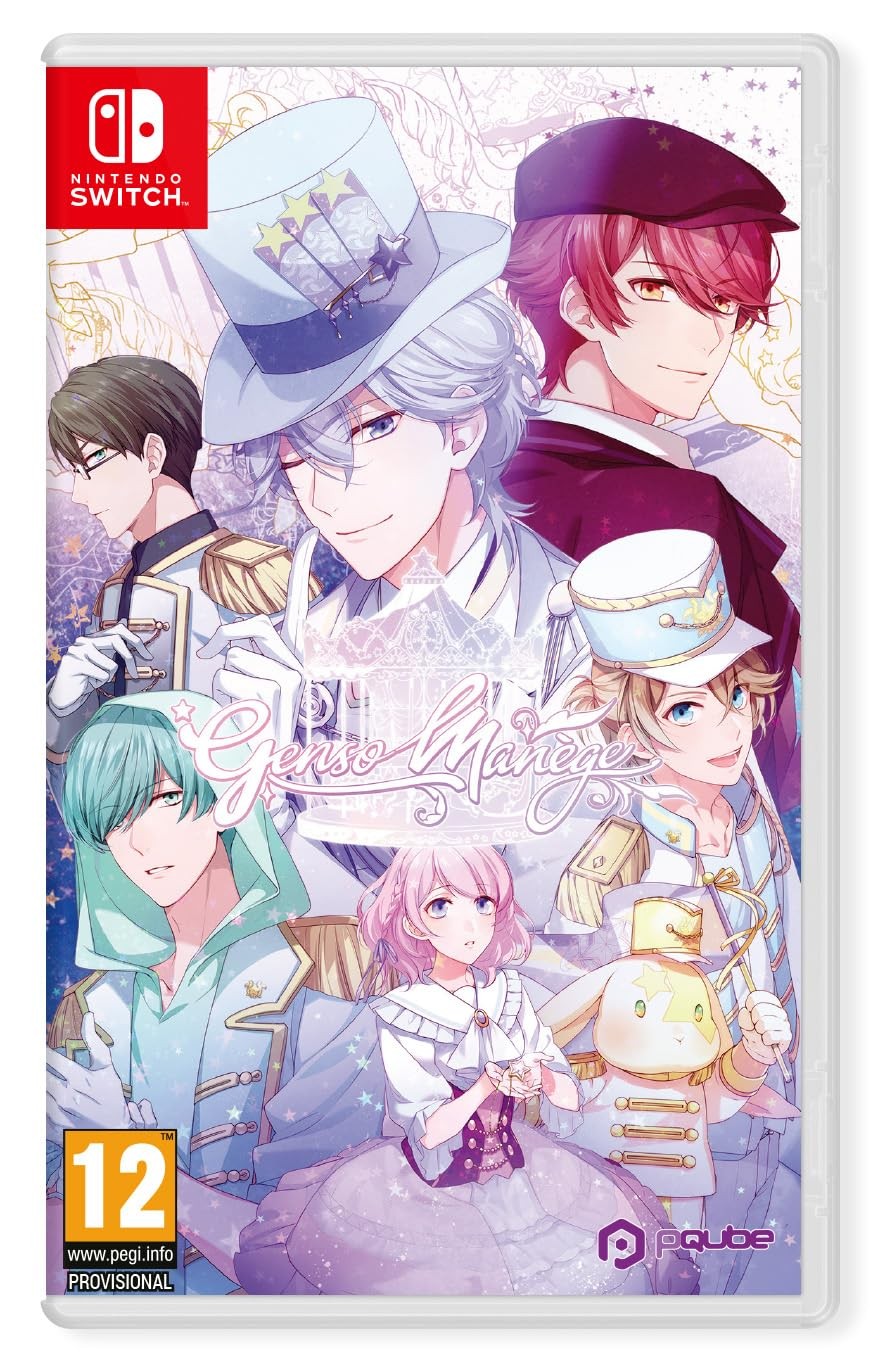 Colorful game cover for "Gensou Manege - Switch" featuring six characters in stylish outfits, with pastel colors and a whimsical background, showcasing a magical theme.